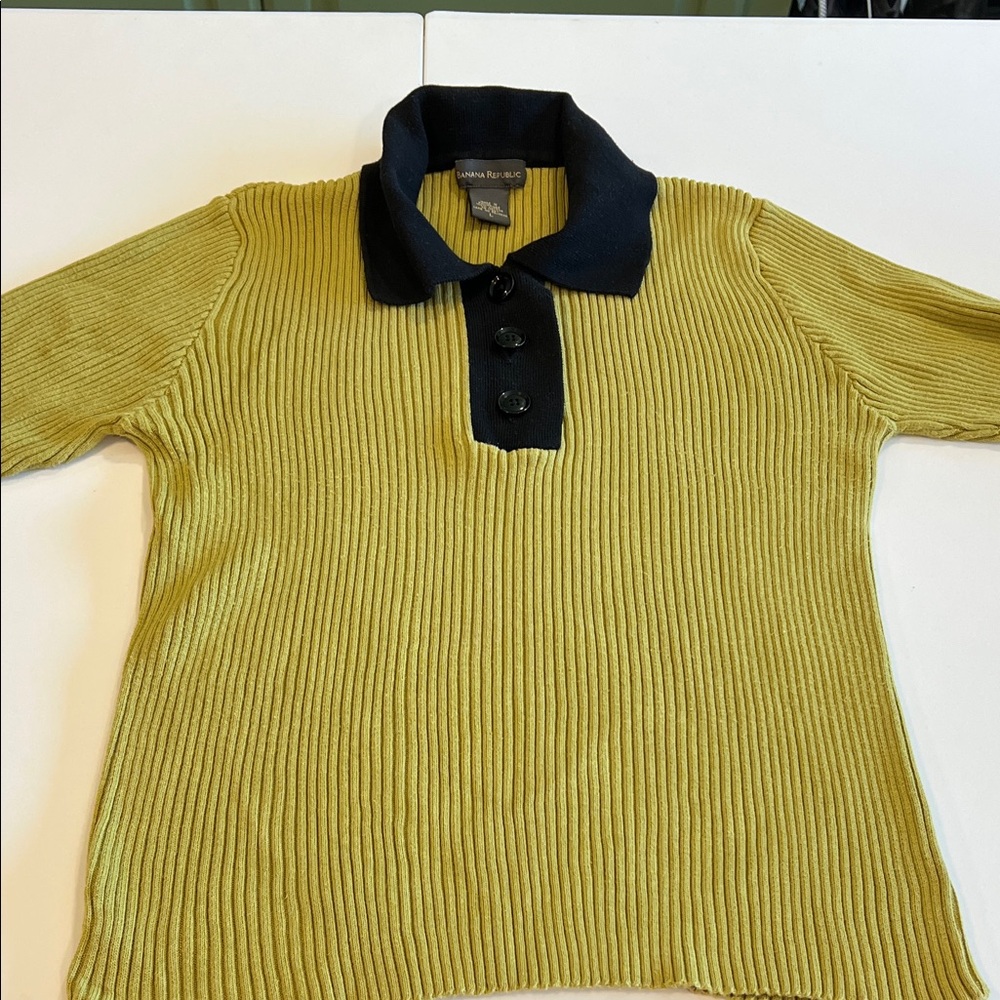 Banana Republic - green/mustard, black‎ trim, ribbed sweater, L